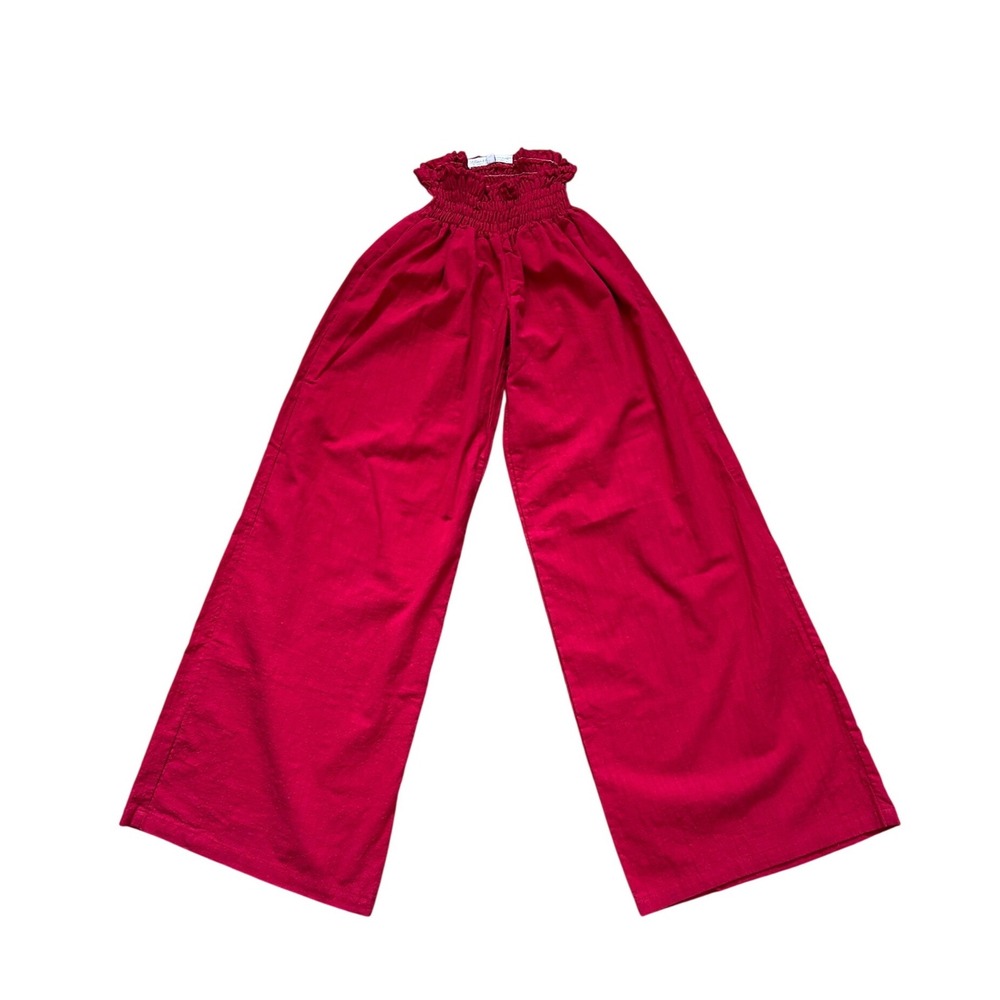 Vintage Red Wide Leg Pants Smocked Waist Cotton Large boho
